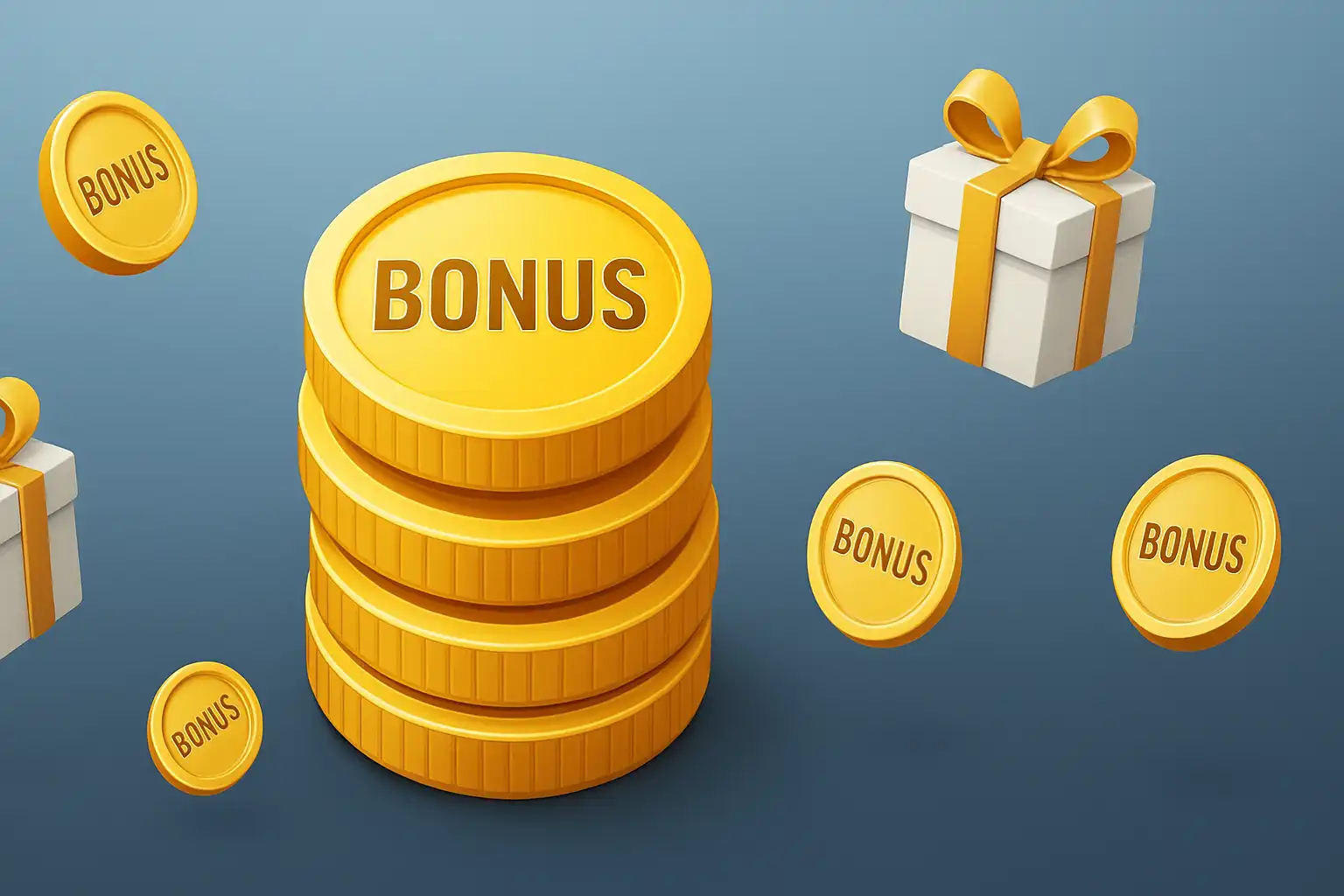 Stacked bonus coins and gift icons over an icy blue casino background