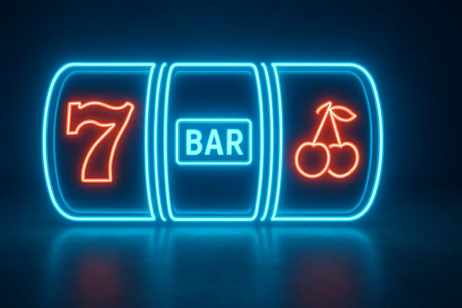 Neon slot reels lined up on a graphite and icy blue casino floor